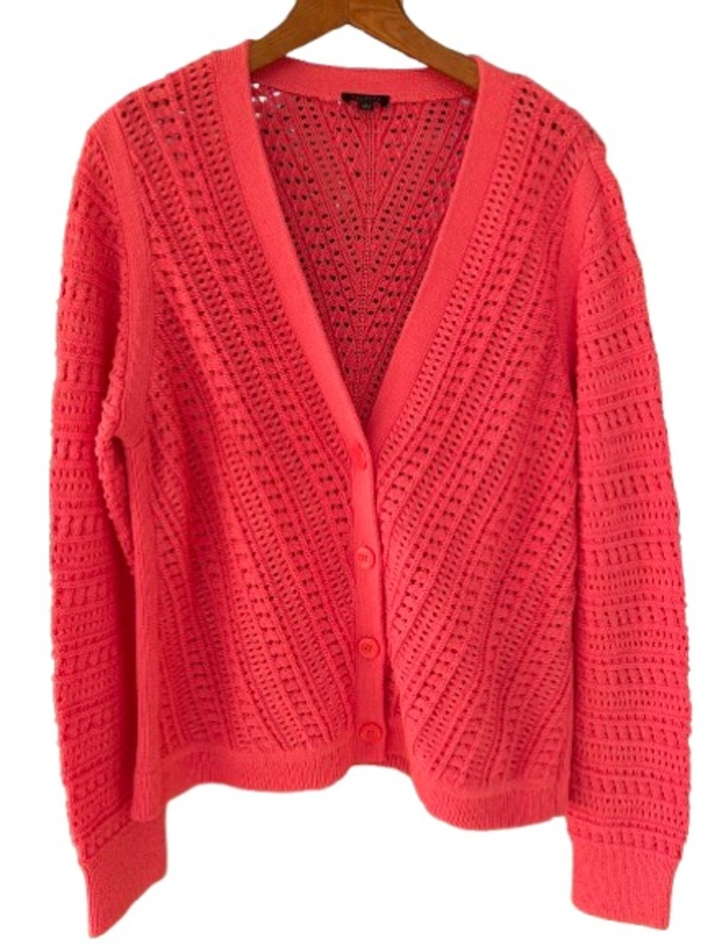 Talbots Women’s Pointelle Cable Knit V-Neck Cardigan Sweater Size L Coral Pink